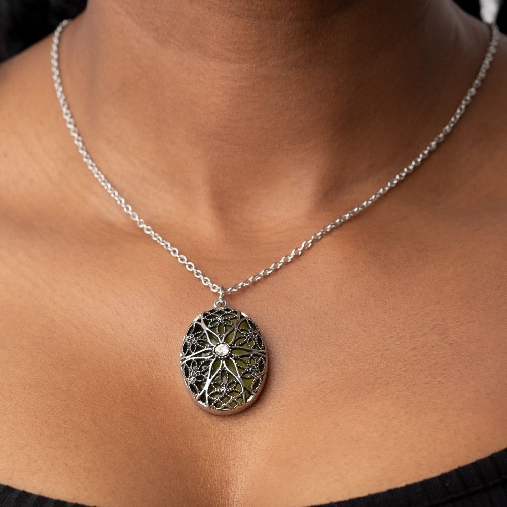 Set!! Silver tone Faux locket with rhinestone accent and grey/green stone inside